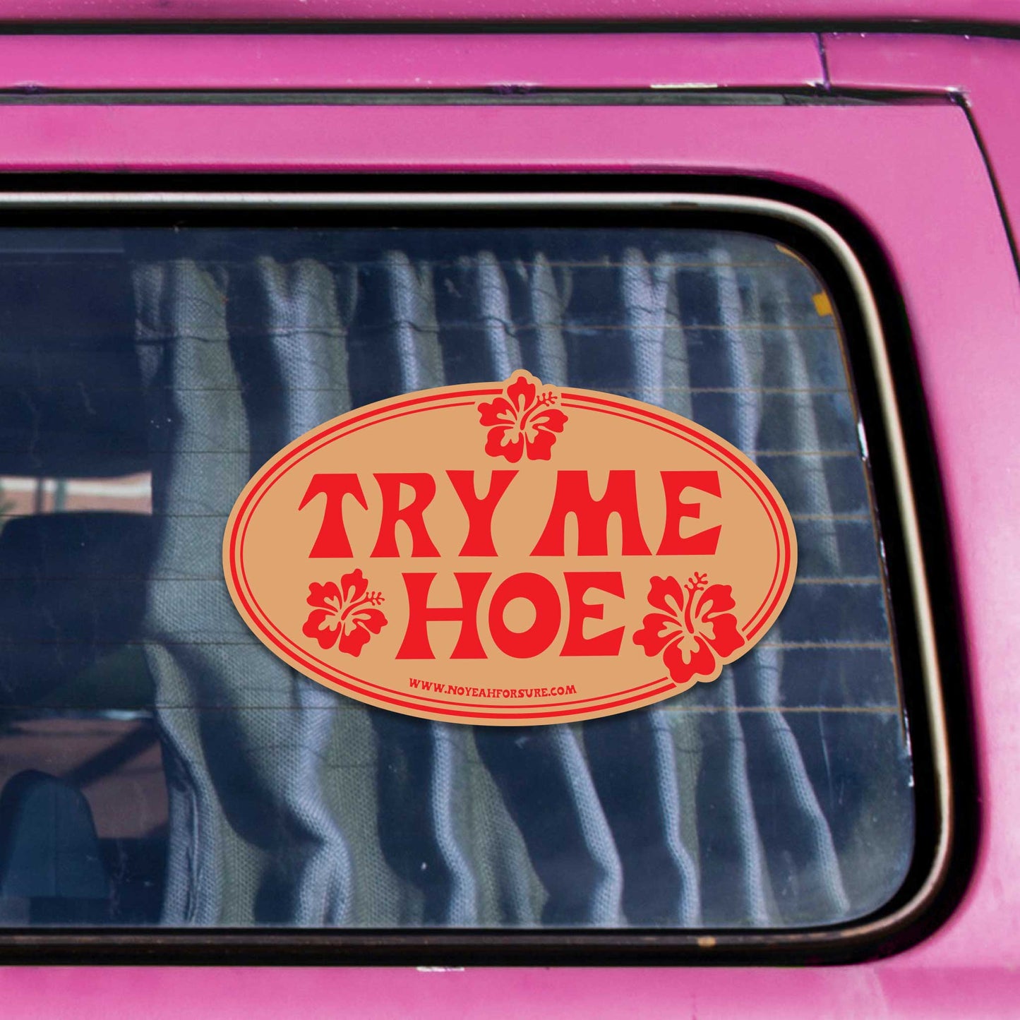 Sticker with 'Try Me Hoe' text on a pink vehicle window
