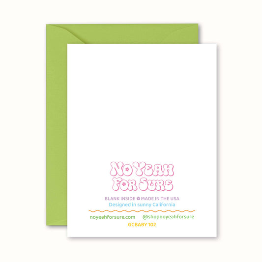 Greeting card with 'No Yeah For Sure' text and green envelope on a white background