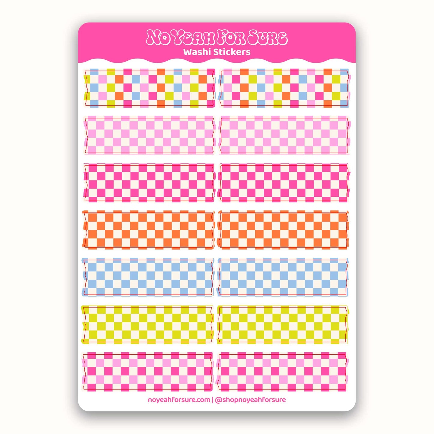 Sheet of colorful checkered washi stickers with 'No Yeah For Sure' branding on a white background.