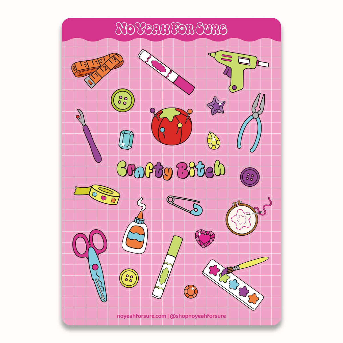 A pink craft-themed sticker sheet featuring cartoon illustrations of sewing and crafting tools, including scissors, a glue stick, a hot glue gun, a measuring tape, buttons, a needle, and a strawberry, with the text 'Crafty Bitch' on a pink grid background.