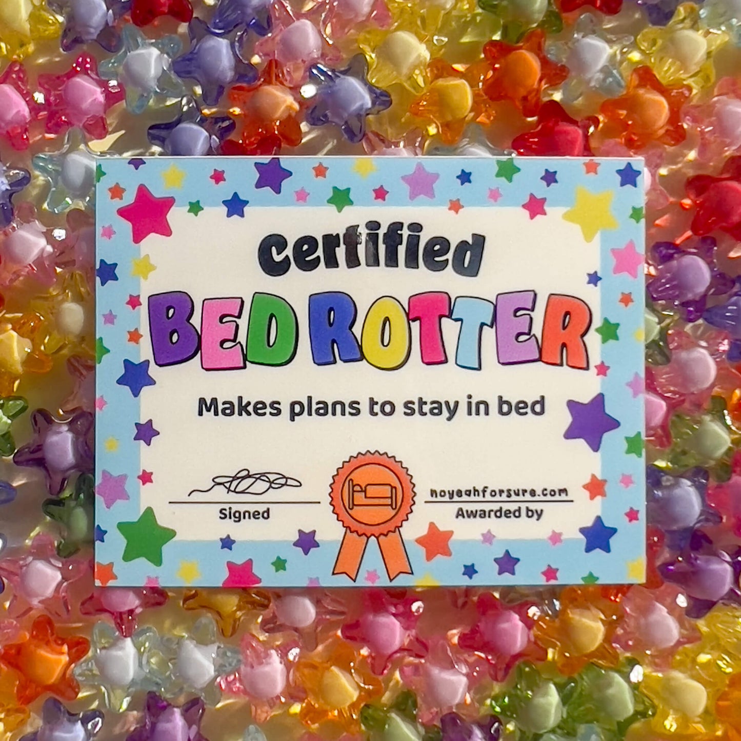 Certified Bed Rotter certificate surrounded by colorful star-shaped beads