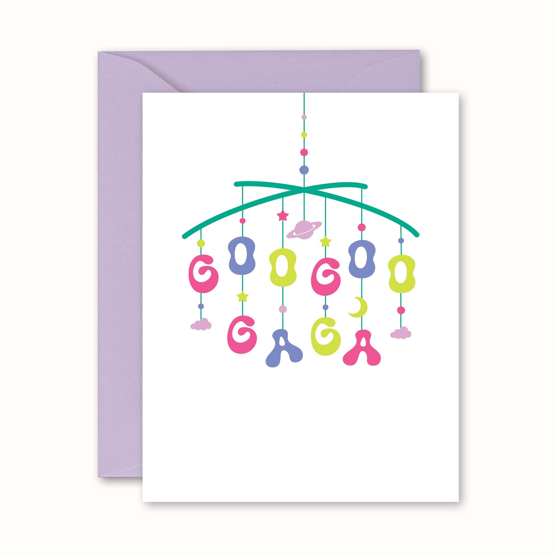 Greeting card with colorful baby  mobile design and purple envelope