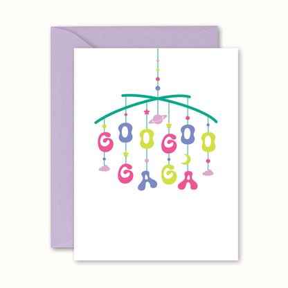 Greeting card with colorful baby  mobile design and purple envelope
