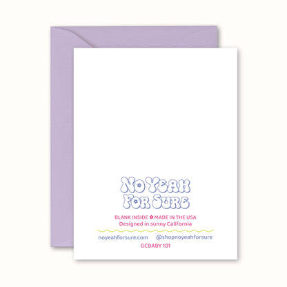 Greeting card with 'No Yeah For Sure' text and a purple envelope on a white background