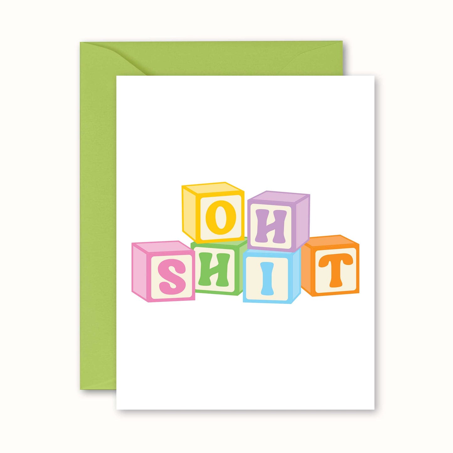 Greeting card with colorful block letters spelling 'OH SHIT' on a white background with a green envelope.