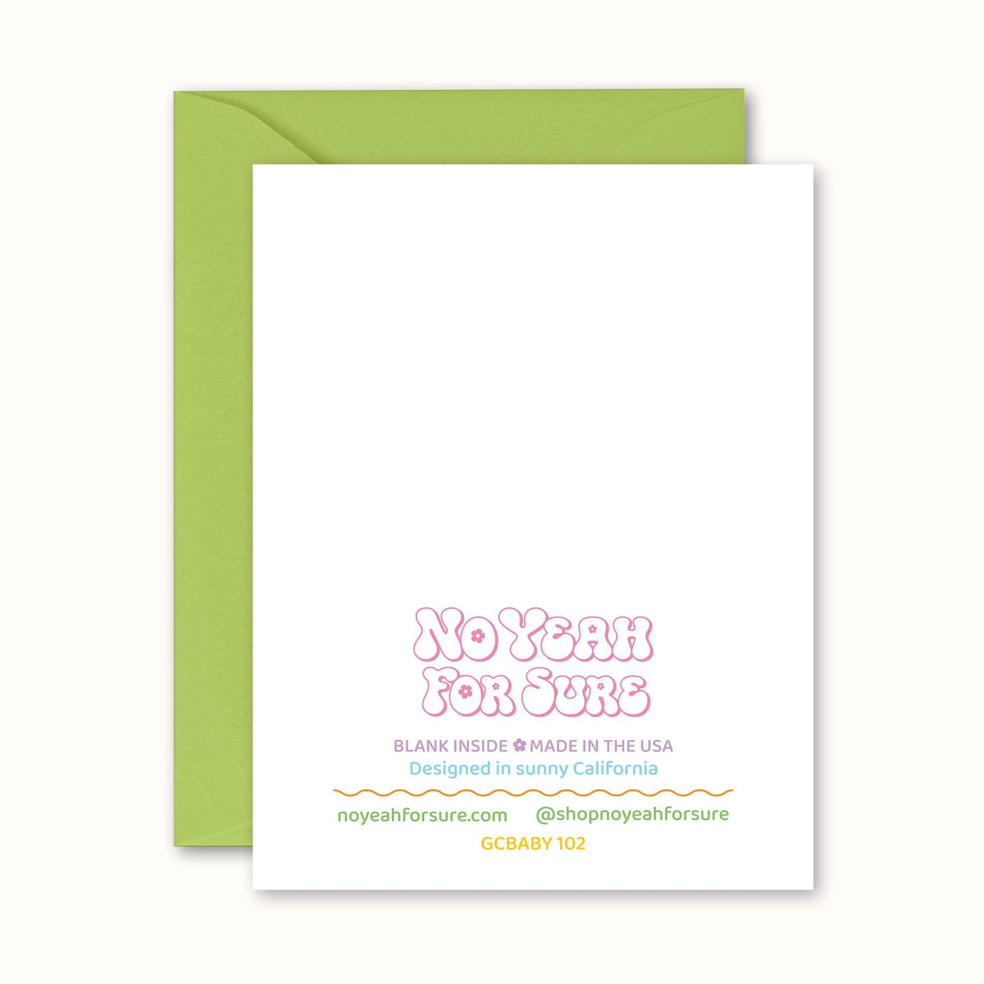 Greeting card with 'No Yeah For Sure' text and green envelope on a white background