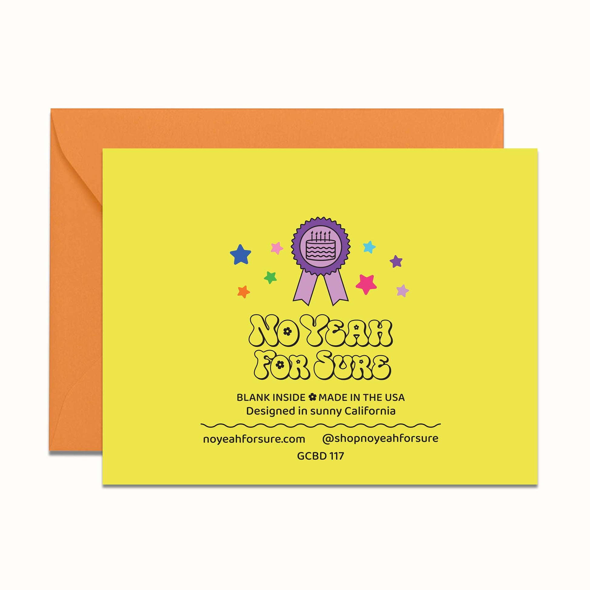 Yellow card with a purple cake ribbon and text, orange envelope on white background