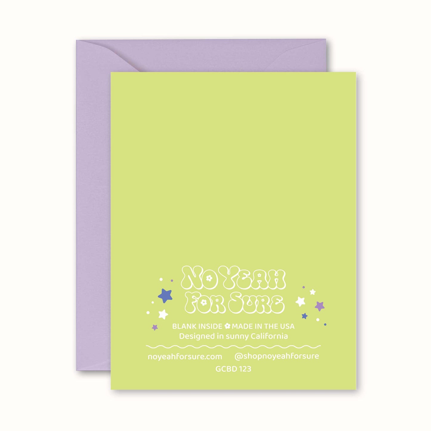 Green card with white text and purple envelope on a white background