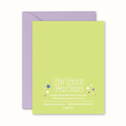 Green card with white text and purple envelope on a white background