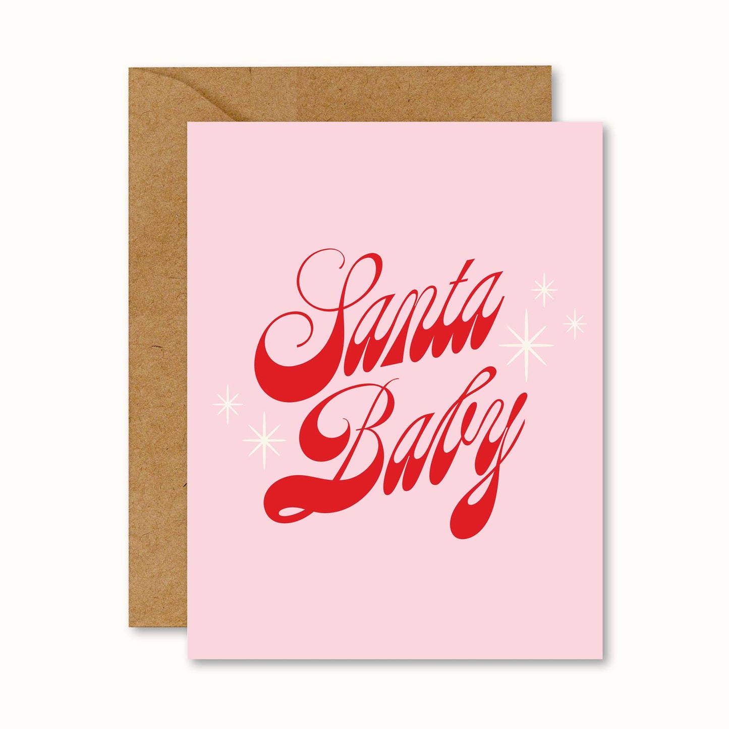 pink christmas greeting card with script graphic text that reads "Santa Baby"