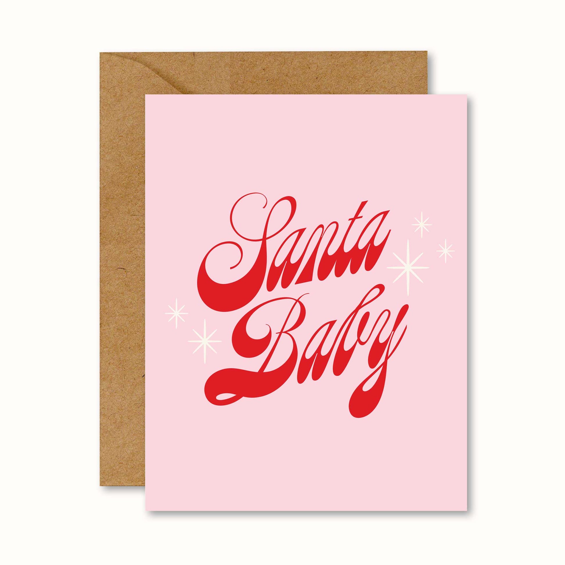 pink christmas greeting card with script graphic text that reads "Santa Baby"