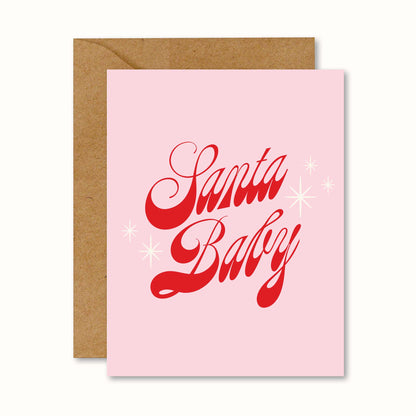 pink christmas greeting card with script graphic text that reads "Santa Baby"