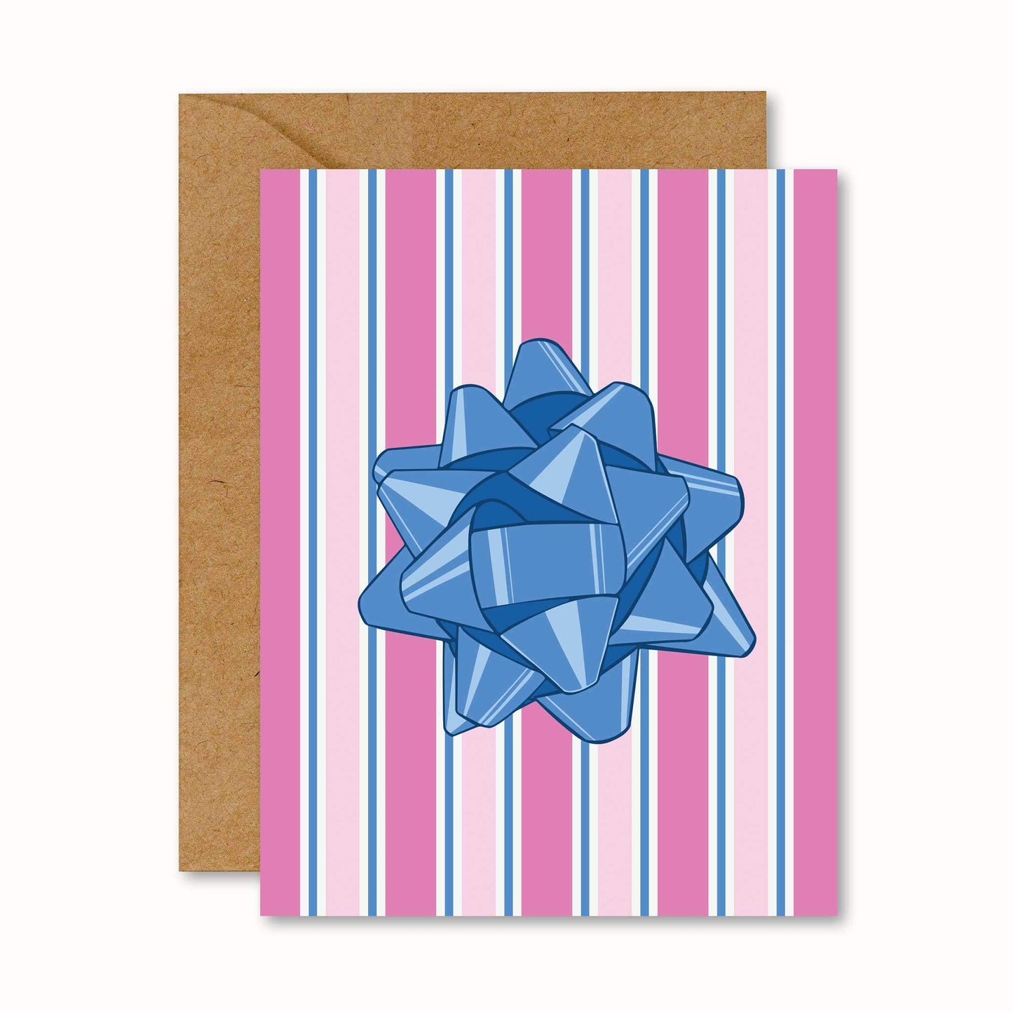 greeting card with a pink and blue stripe pattern and a blue gift bow