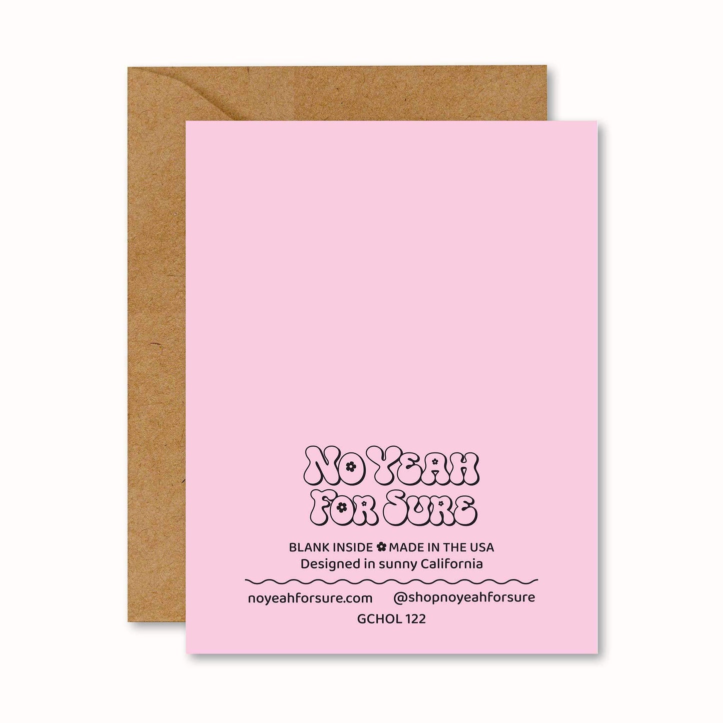 Pink greeting card with text and a brown envelope on a white background
