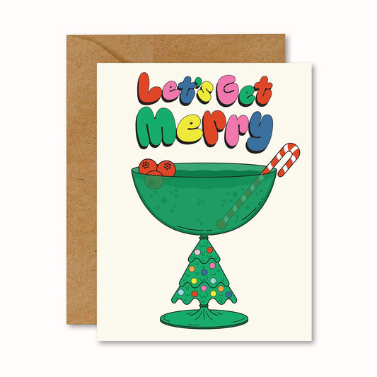 Greeting card with 'Let's Get Merry' text and Christmas-themed cocktail illustration on a white background.
