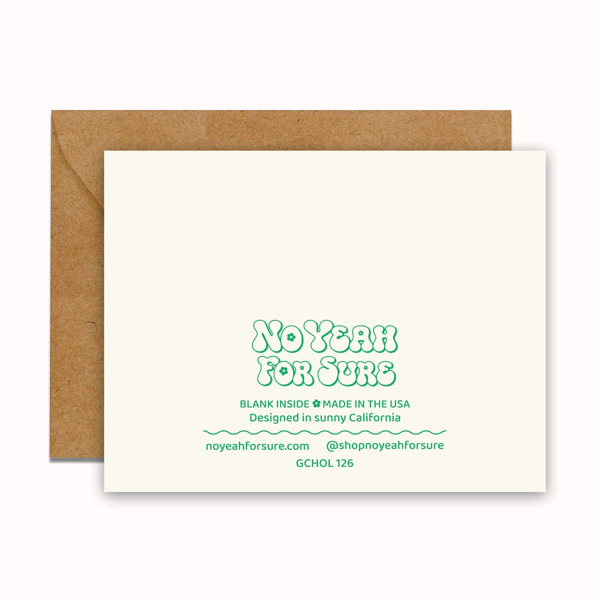 Card with 'No Yeah For Sure' text and a brown envelope on a white background