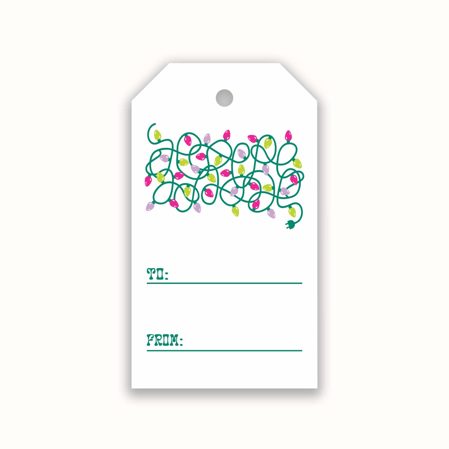 christmas gift tag with a graohic of tangled christmas lights