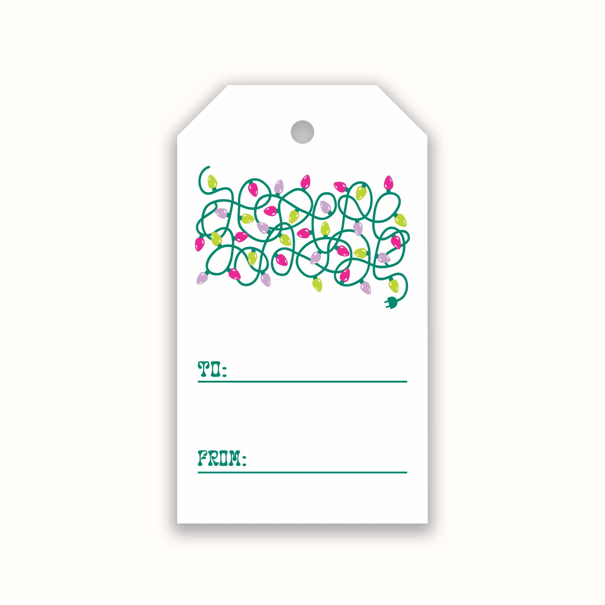 christmas gift tag with a graohic of tangled christmas lights