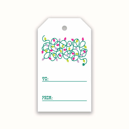 christmas gift tag with a graohic of tangled christmas lights