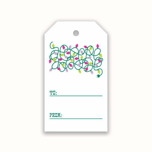 christmas gift tag with a graohic of tangled christmas lights