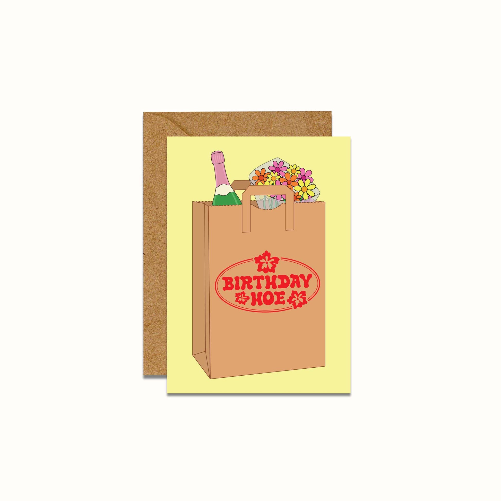Greeting card with a brown paper bag illustration and 'Birthday Hoe' text on a yellow background.