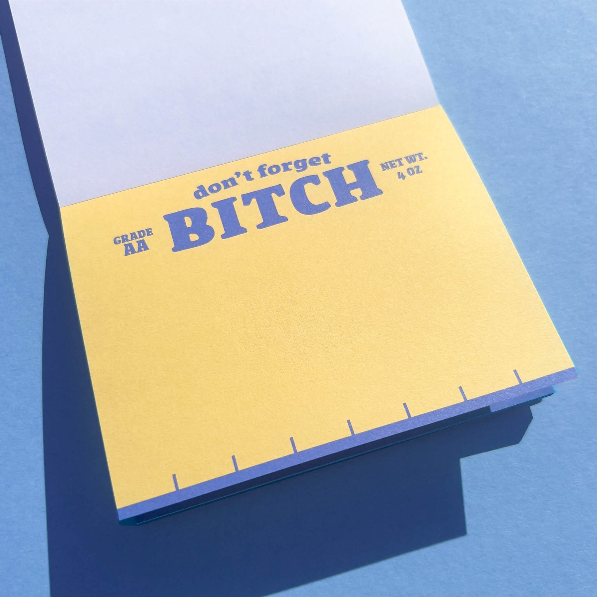 Notepad with 'don't forget BITCH' text on a blue background