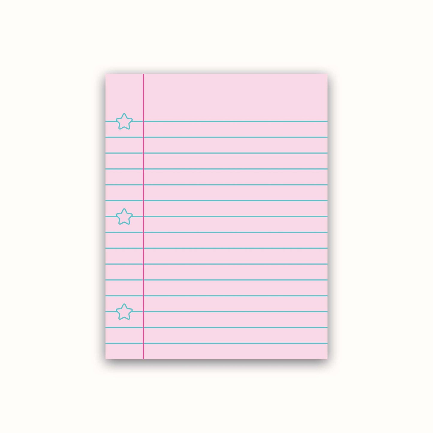 Pink notepad with lined pages and star markers on a white background
