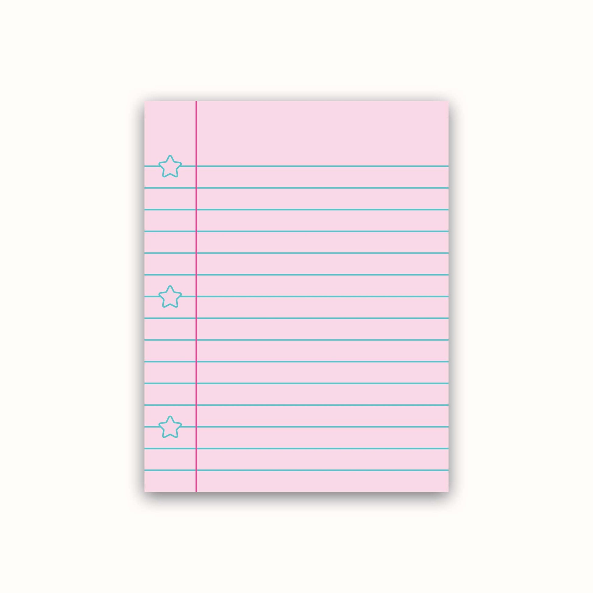 Pink notepad with lined pages and star markers on a white background