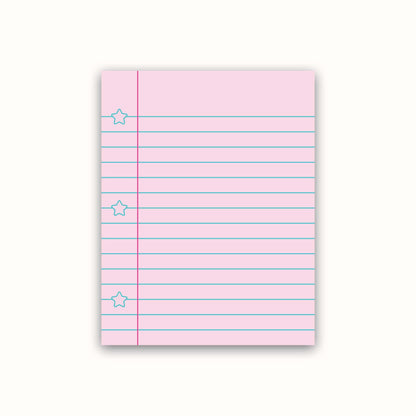Pink notepad with lined pages and star markers on a white background