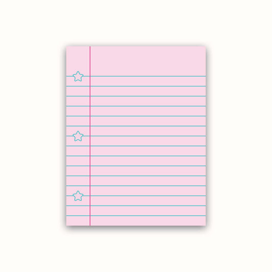 Pink notepad with lined pages and star markers on a white background
