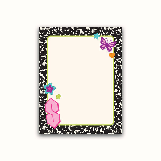 Notepad with a decorative border featuring butterflies and flowers on a white background