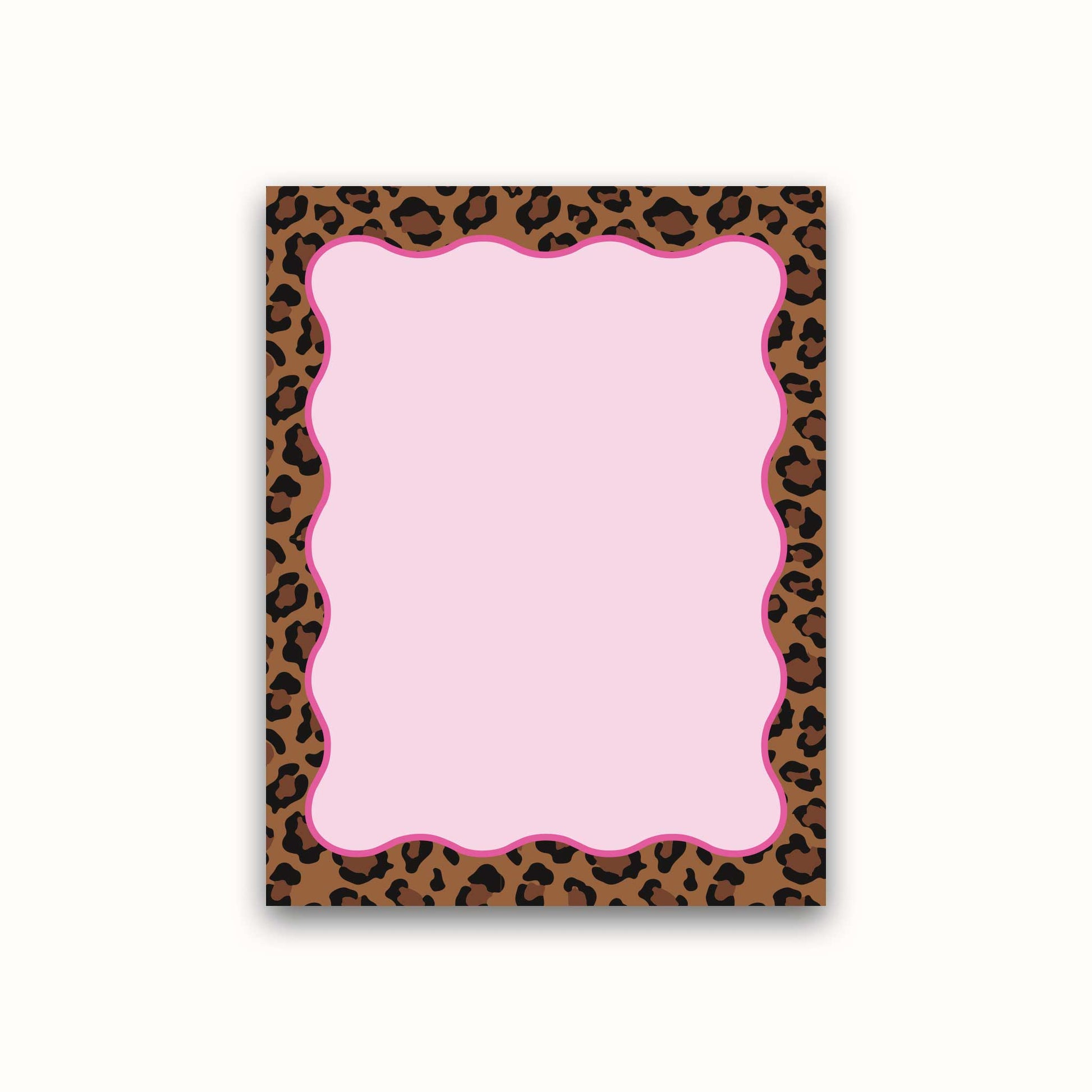 Notepad with pink center and leopard print border on a white background