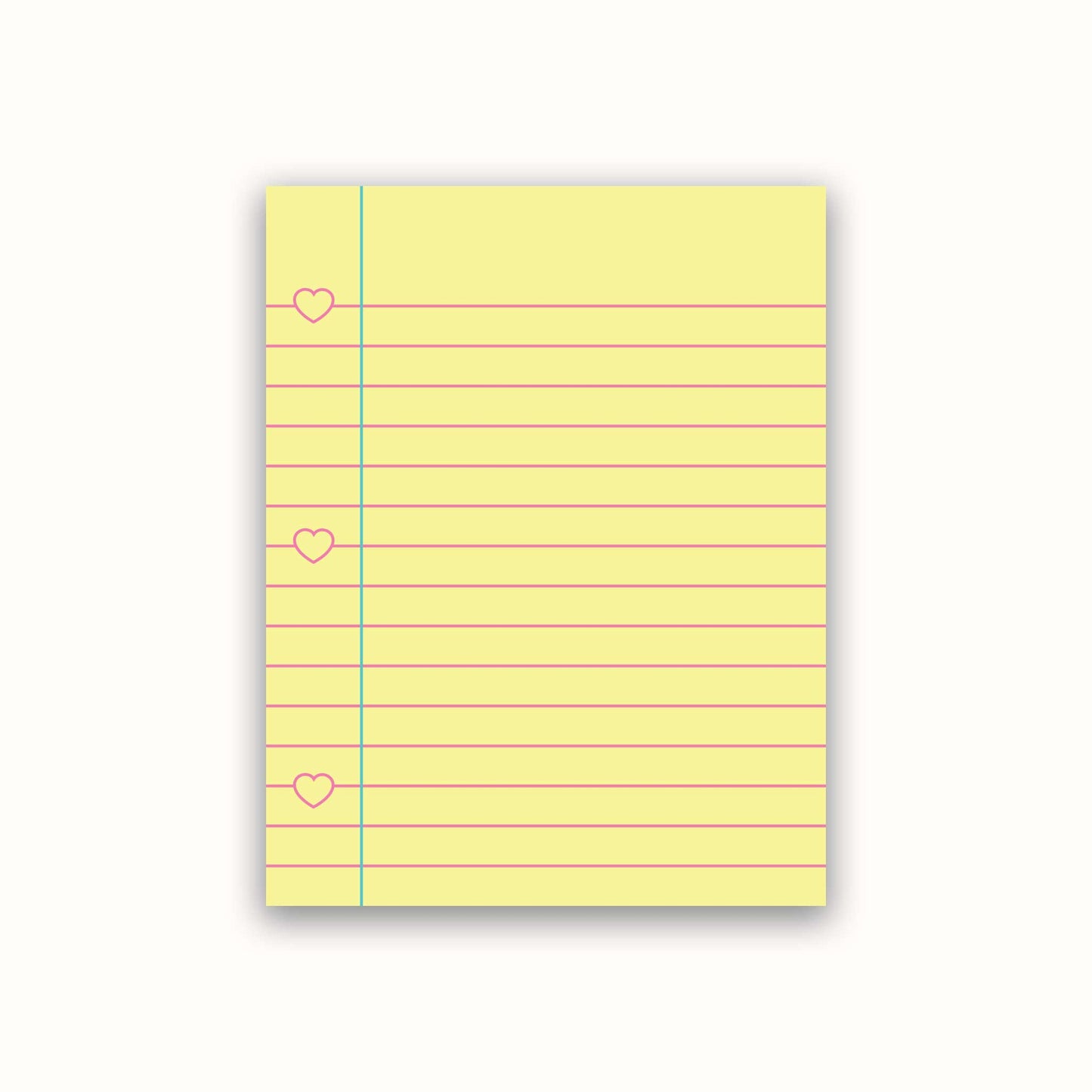 Yellow notepad with lined pages and heart shapes on a white background