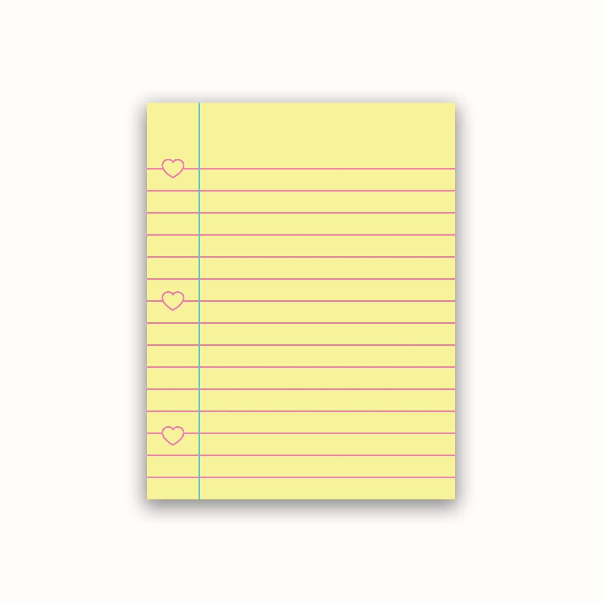 Yellow notepad with lined pages and heart shapes on a white background