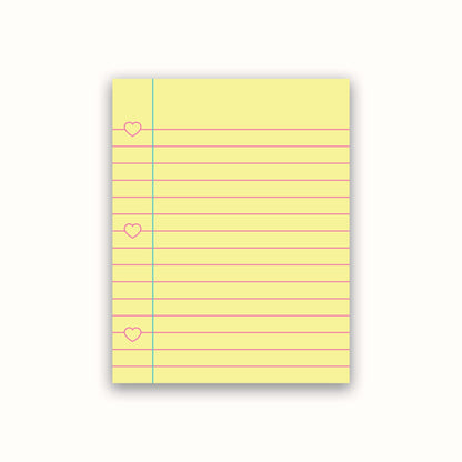 Yellow notepad with lined pages and heart shapes on a white background