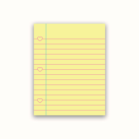 Yellow notepad with lined pages and heart shapes on a white background