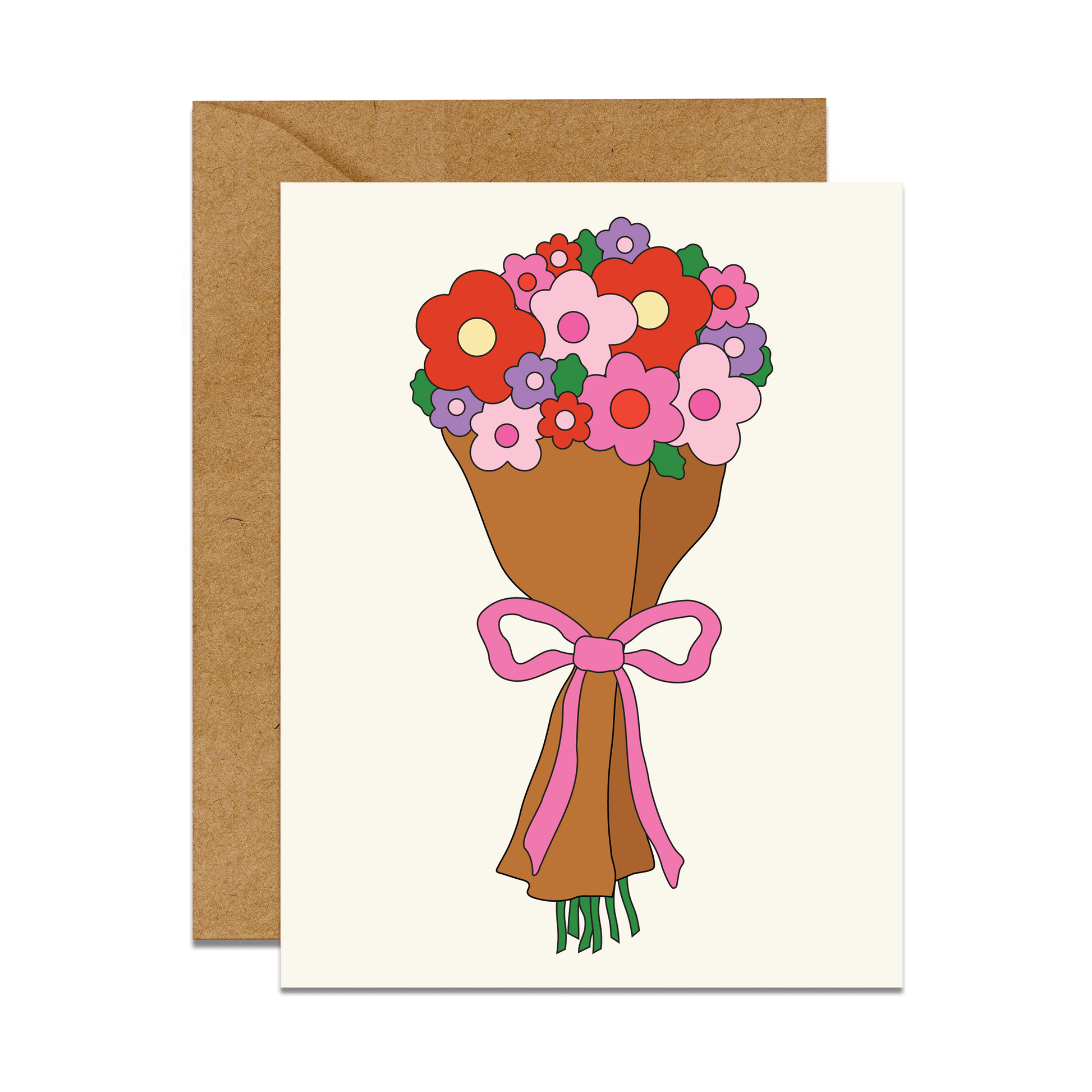 flower bouquet with pink, red and lilac daisies wrapped in a bow and paper