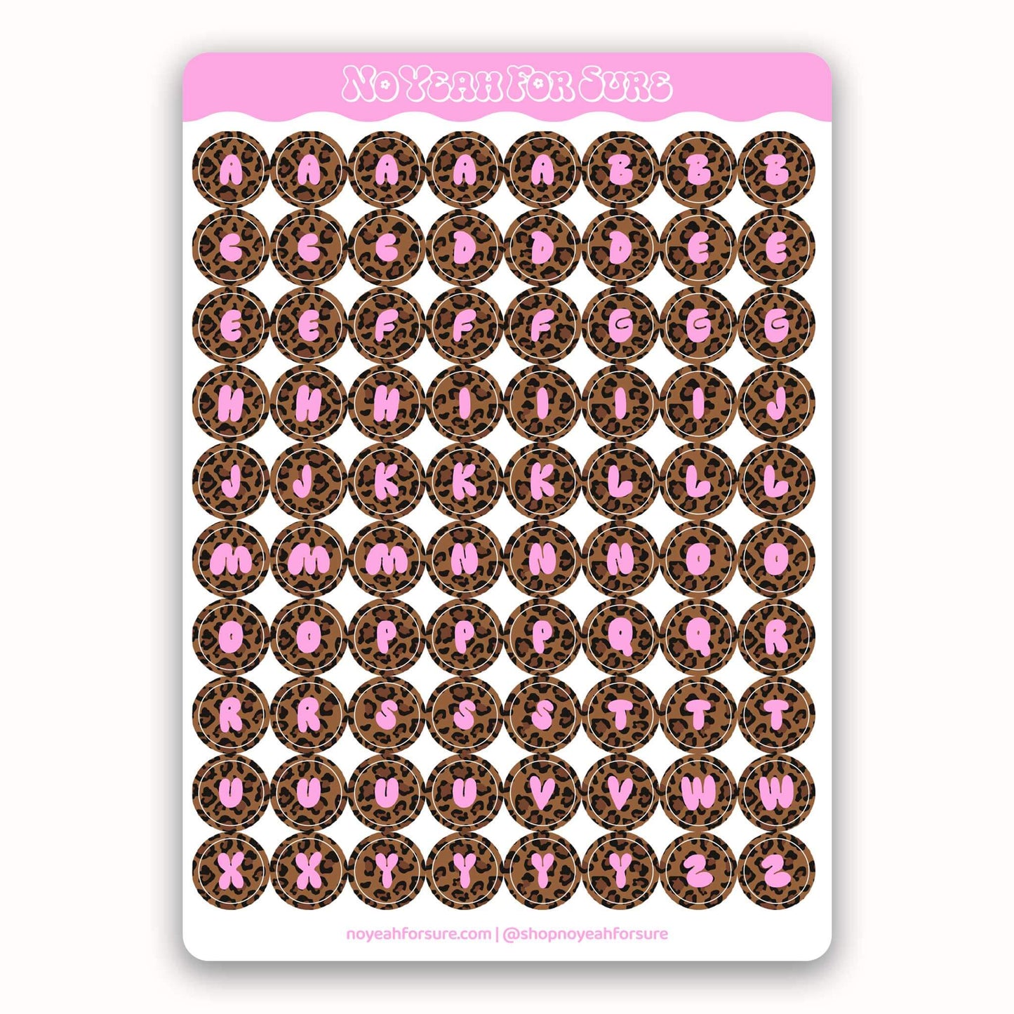 A sheet of round planner stickers with a brown leopard print background and pink lettering, displayed on a white card with a pink header that reads 'No Year For Me'.