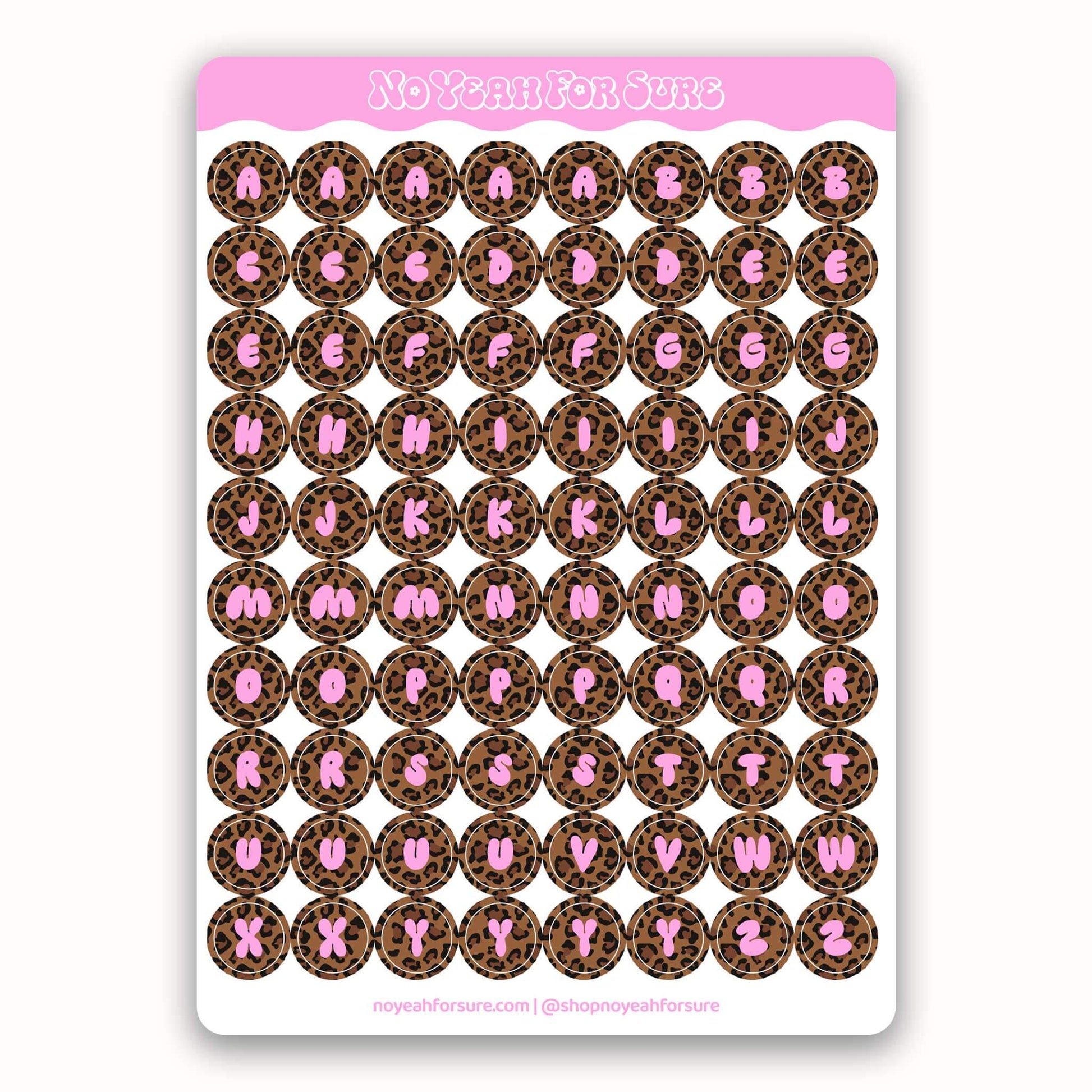 A sheet of round planner stickers with a brown leopard print background and pink lettering, displayed on a white card with a pink header that reads 'No Year For Me'.