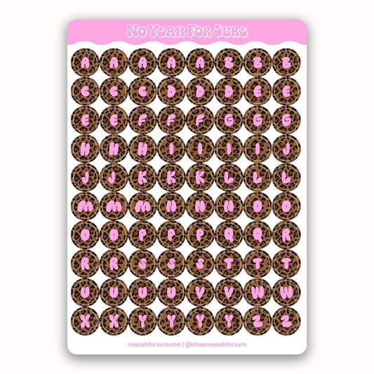A sheet of round planner stickers with a brown leopard print background and pink lettering, displayed on a white card with a pink header that reads 'No Year For Me'.