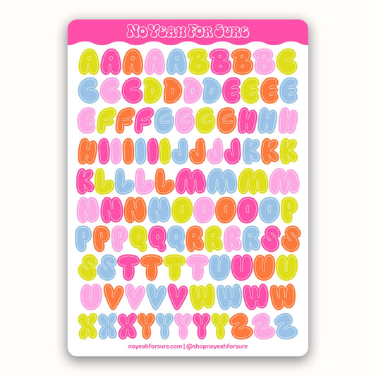 Colorful alphabet letter stickers on a white background with pink border