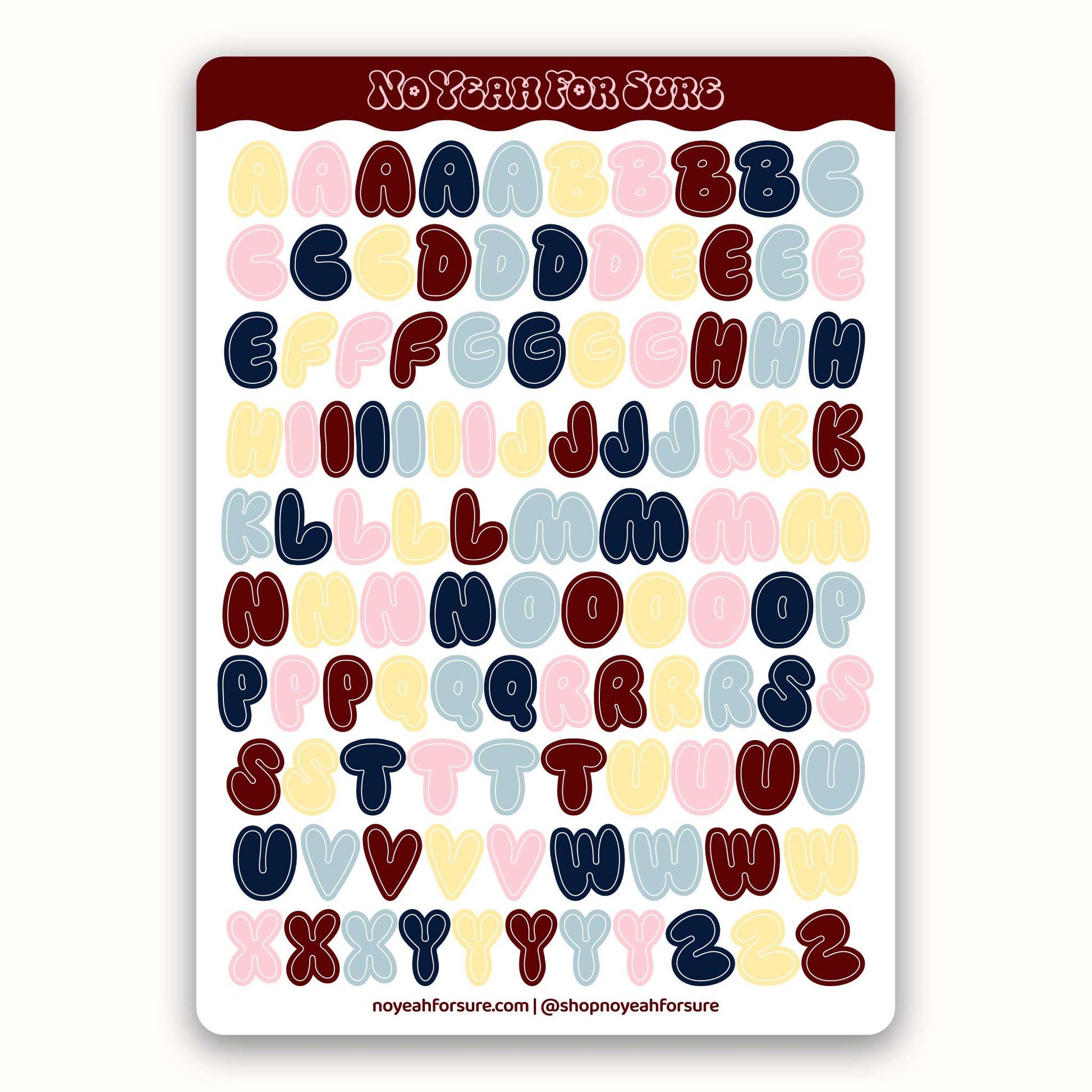 Colorful bubble alphabet letter stickers on a white background.