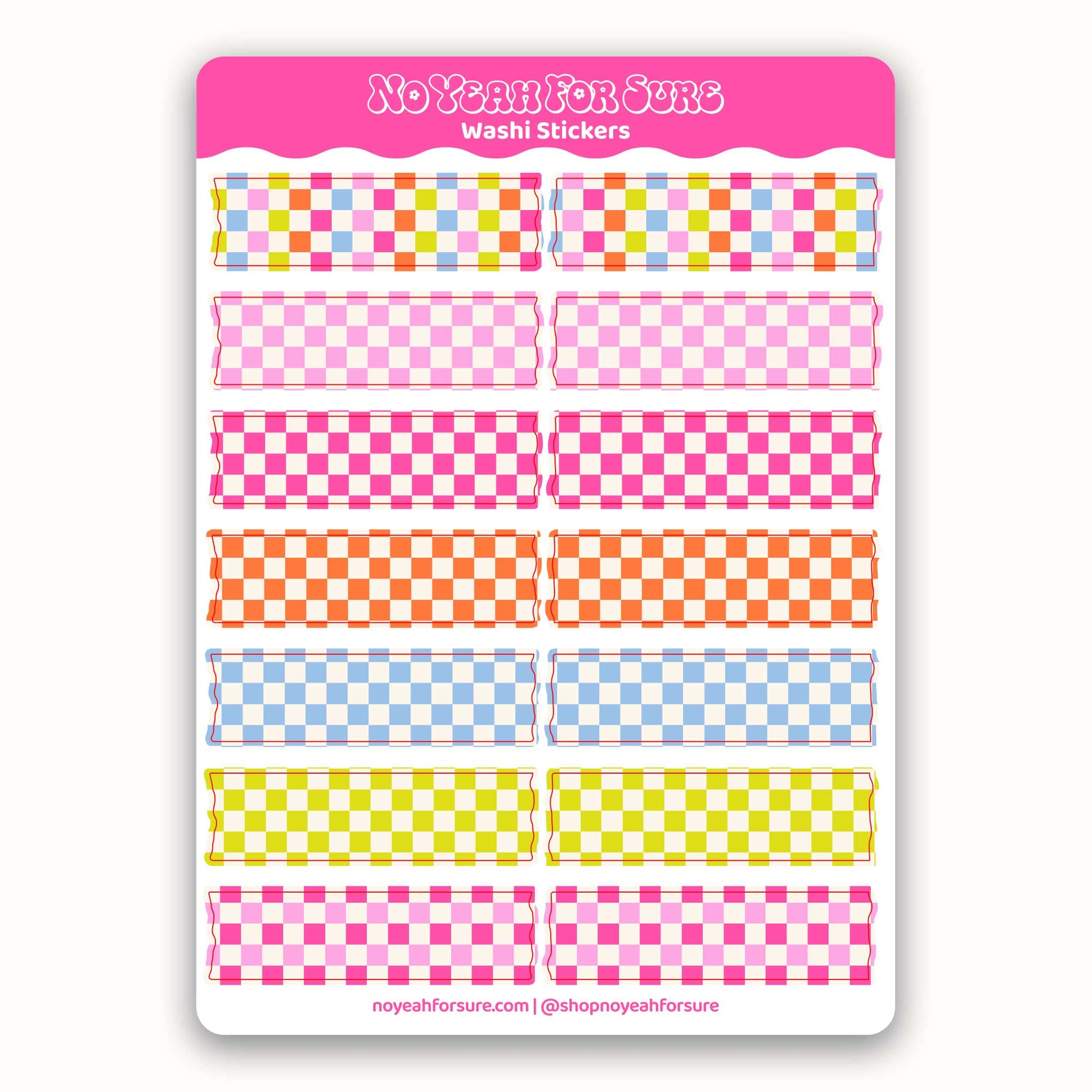 Sheet of colorful checkered washi stickers with 'No Yeah For Sure' branding on a white background.