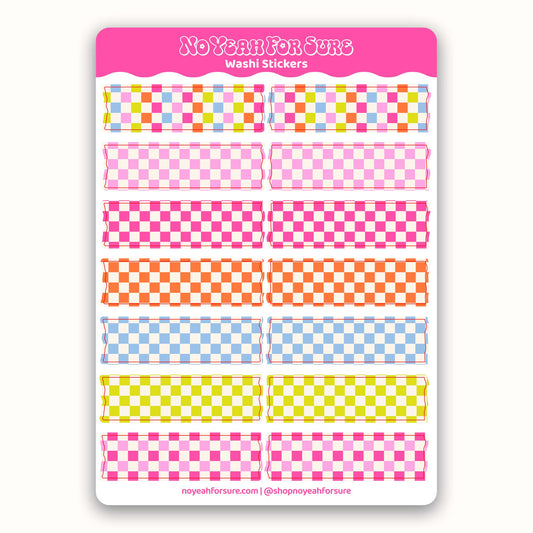 Sheet of colorful checkered washi stickers with 'No Yeah For Sure' branding on a white background.
