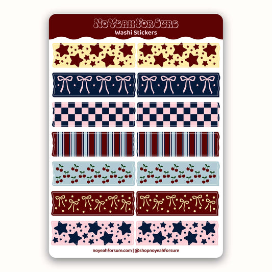 Sheet of decorative washi stickers with various patterns on a white background.