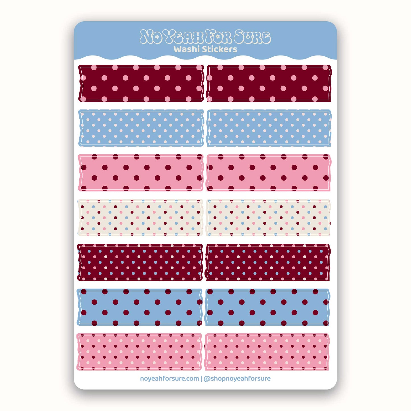 Sheet of washi stickers with polka dot patterns on a white background, featuring the brand 'No Yeah For Sure'.