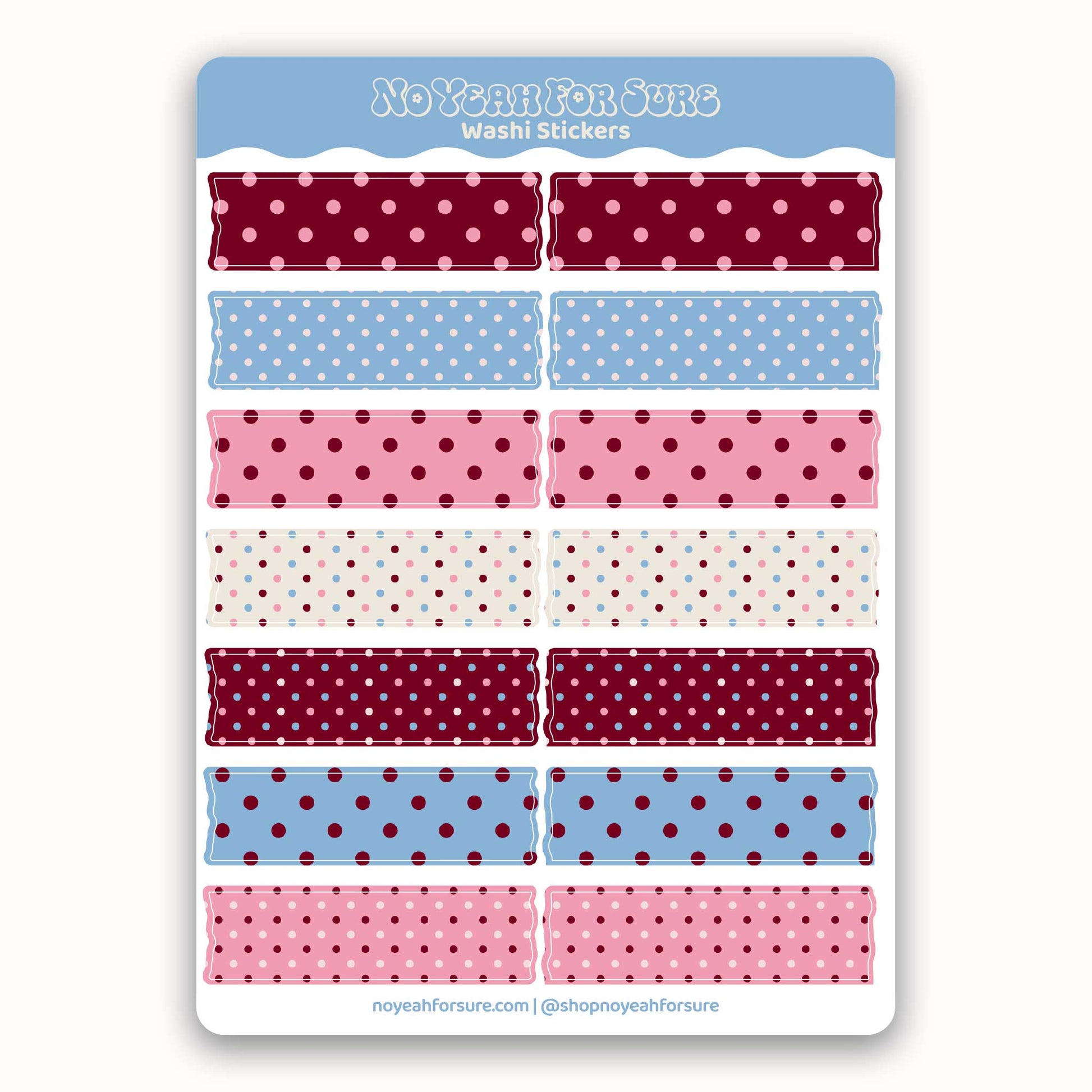 Sheet of washi stickers with polka dot patterns on a white background, featuring the brand 'No Yeah For Sure'.