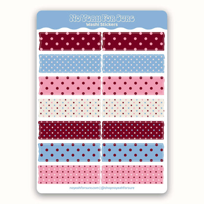 Sheet of washi stickers with polka dot patterns on a white background, featuring the brand 'No Yeah For Sure'.