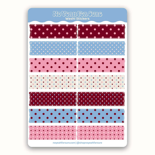 Sheet of washi stickers with polka dot patterns on a white background, featuring the brand 'No Yeah For Sure'.