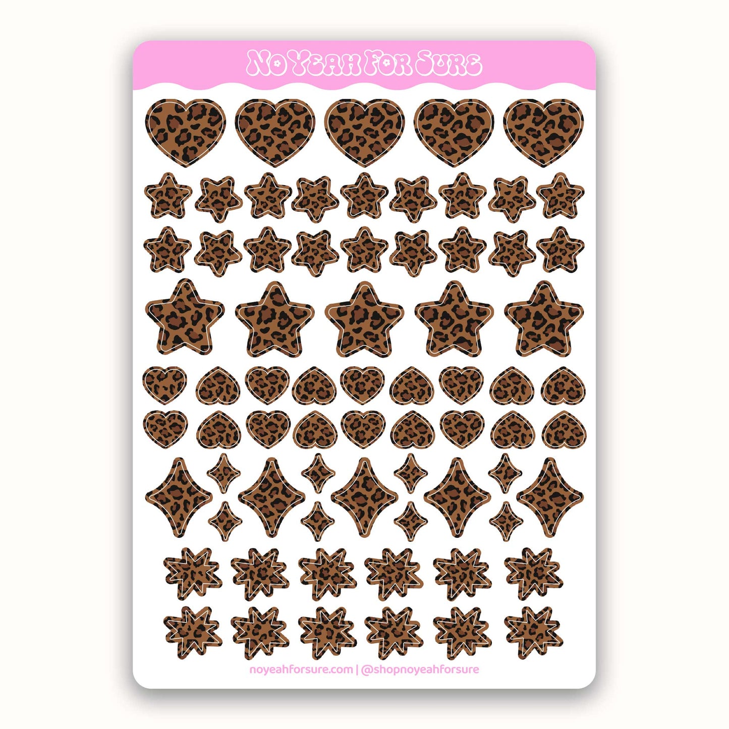 Sheet of heart and star shaped planner stickers with leopard print designs on a white background